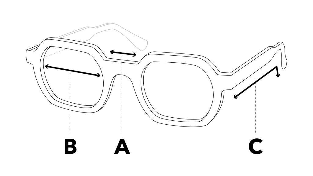 Diagram of a pair of glasses showing the 3 important dimensions: Nose bridge (A), Lens height (B), Temple length (C)